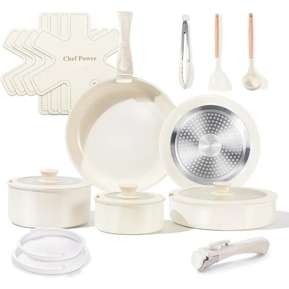 Ceramic Cookware Set Non Toxic with Detachable Handles, Healthy Nonstick Pans and Pots Set 19 Pcs,PFOA & PTFE Free,Cream White