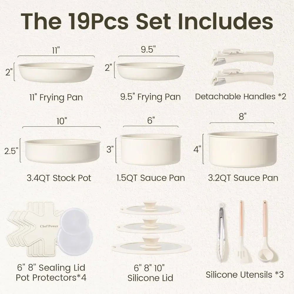 Ceramic Cookware Set Non Toxic with Detachable Handles, Healthy Nonstick Pans and Pots Set 19 Pcs,PFOA & PTFE Free,Cream White