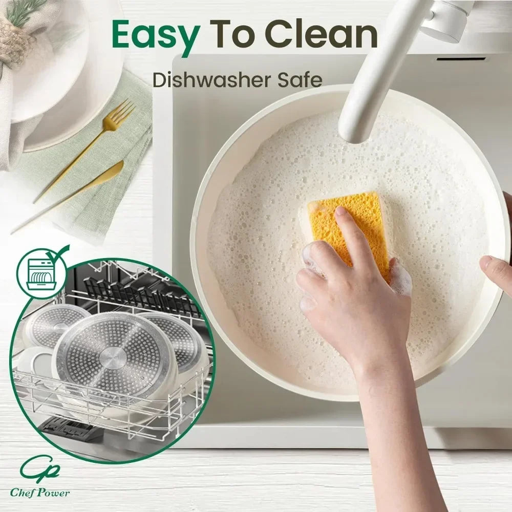 Ceramic Cookware Set Non Toxic with Detachable Handles, Healthy Nonstick Pans and Pots Set 19 Pcs,PFOA & PTFE Free,Cream White