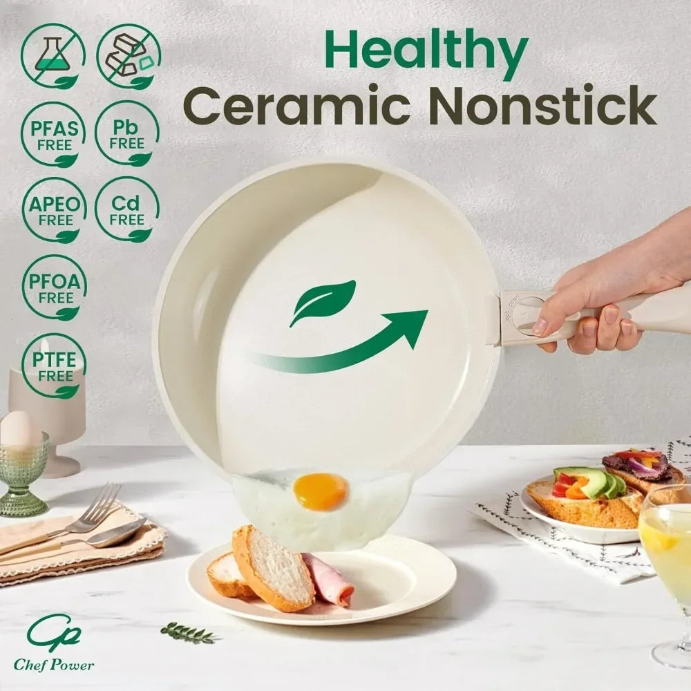 Ceramic Cookware Set Non Toxic with Detachable Handles, Healthy Nonstick Pans and Pots Set 19 Pcs,PFOA & PTFE Free,Cream White