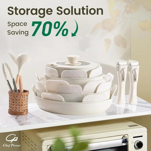 Ceramic Cookware Set Non Toxic with Detachable Handles, Healthy Nonstick Pans and Pots Set 19 Pcs,PFOA & PTFE Free,Cream White